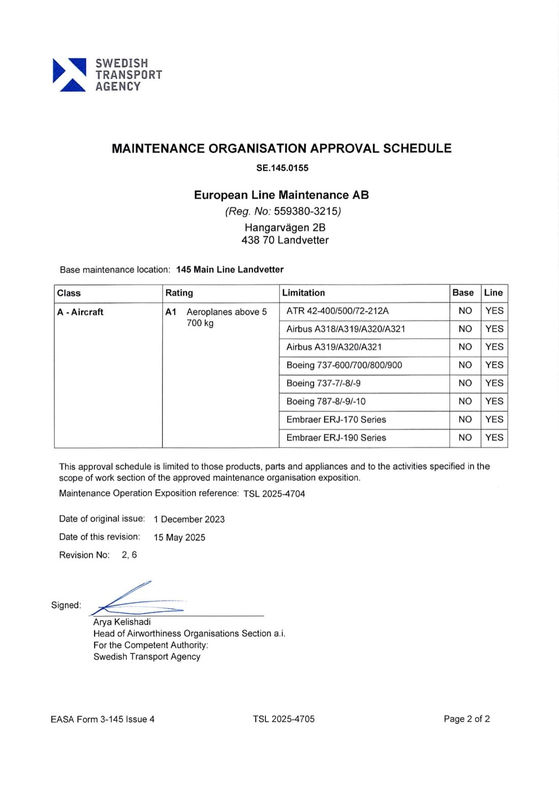 Approval schedule page of EASA Form 3-145 SE.145.0155